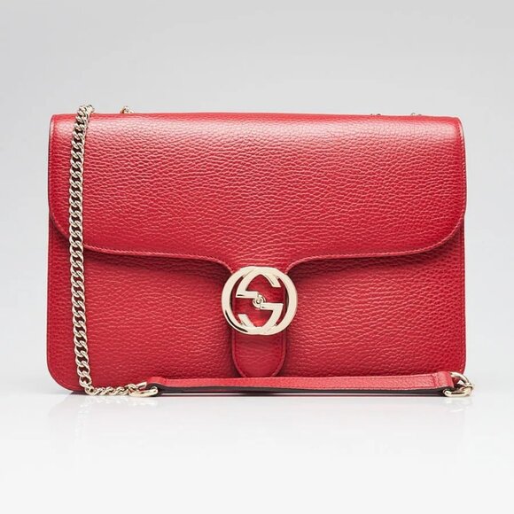 Gucci Red Pebbled Leather Interlocking G Medium Shoulder Bag - Picture 1 of 12